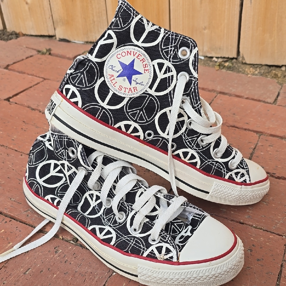 Black and White High-Top Sneakers with Peace Symbols and White Sole